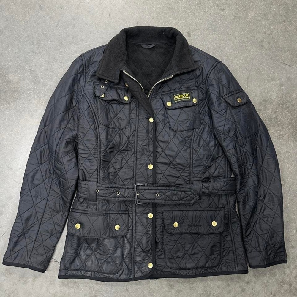 Barbour International womens black quilted jacket with belt Sz 10 [Mens Large]